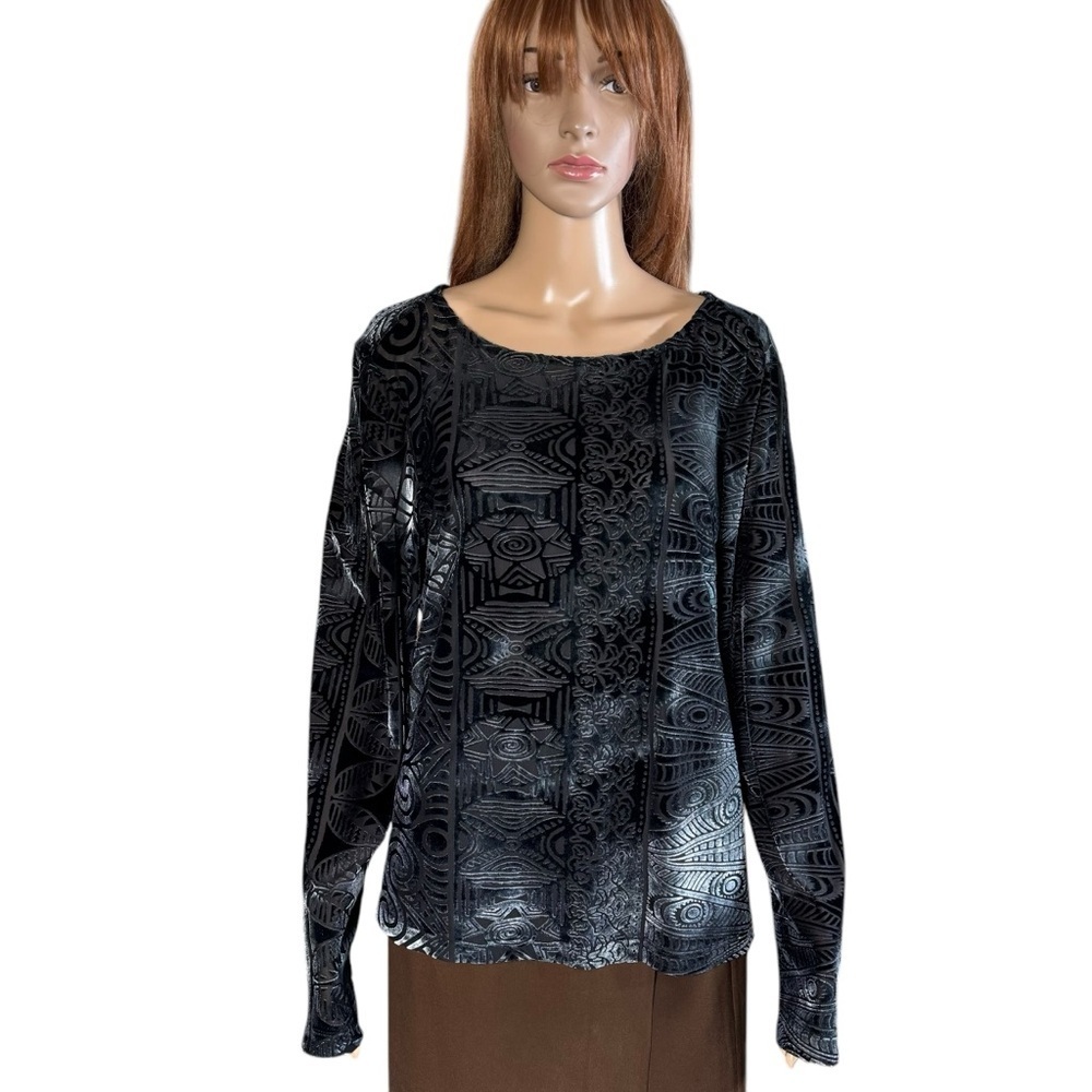 Chicos Velvet Burnout Blouse Dark Grey Long Sleeve Top Size 2 US L